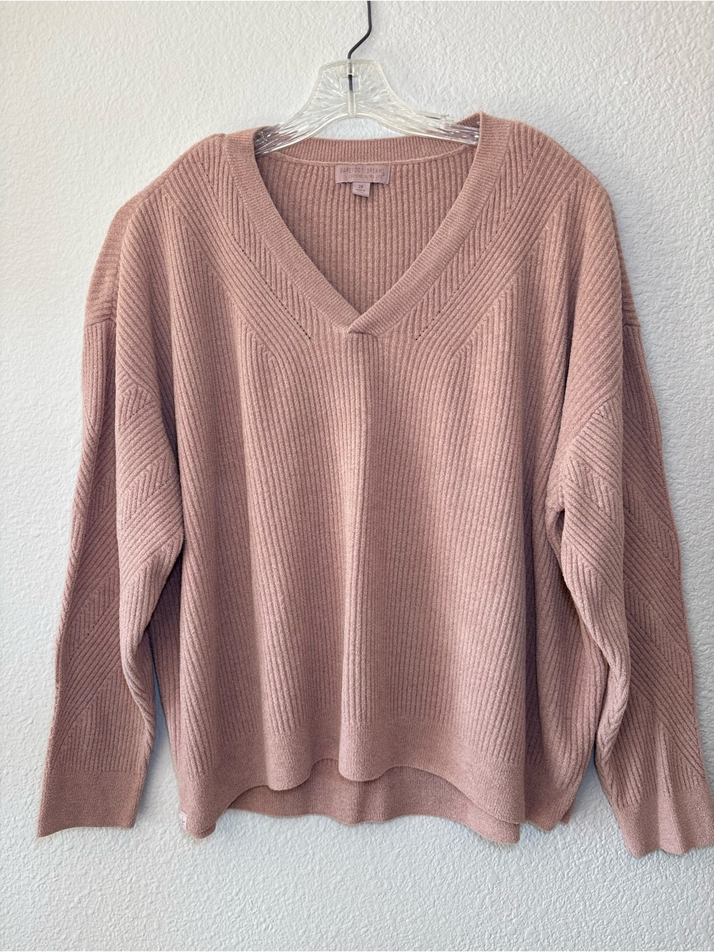 Barefoot Dream CozyChic Ultra Lite Ribbed V-neck Knit Sweater 2X Rosy Pink